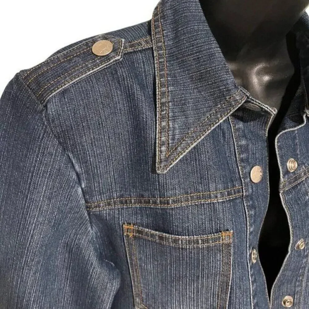 Zena Women Blue Denim Jacket Belted Snap Front Pocket Y2K Western Size M - Picture 3 of 10